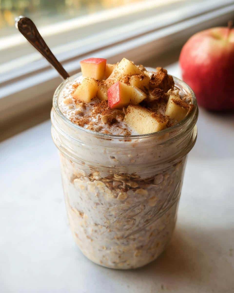 A mason jar filled with creamy Apple Cinnamon Overnight Oats, topped with diced apples and cinnamon.