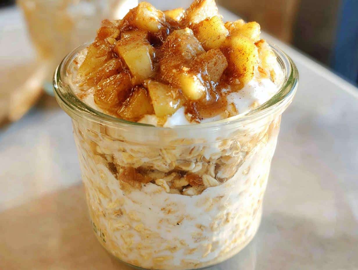 Close-up of Apple Cinnamon Overnight Oats (No Yogurt) layered in a glass jar, topped with caramelized cinnamon apples.