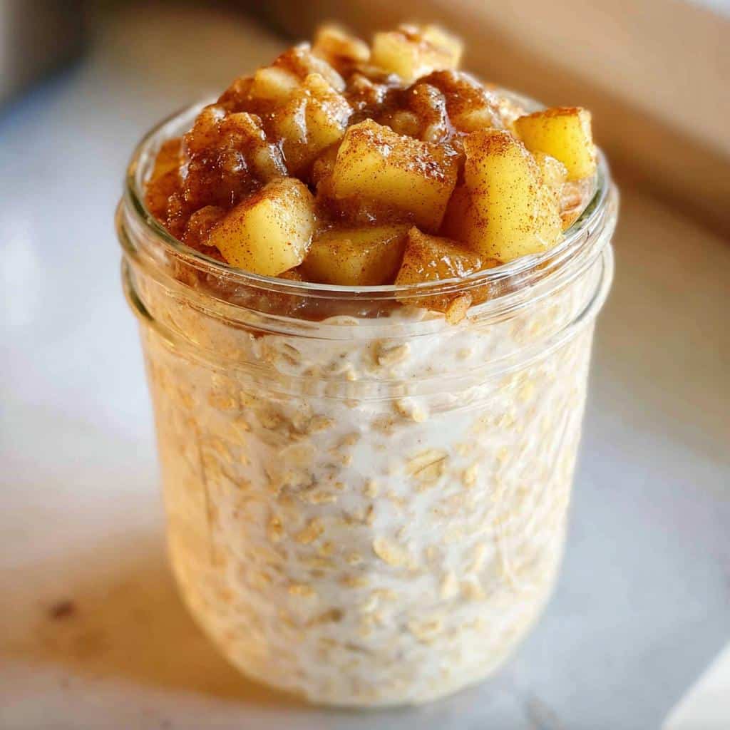 Close-up of Apple Cinnamon Overnight Oats in a glass jar, topped with caramelized, cinnamon-dusted apple chunks.