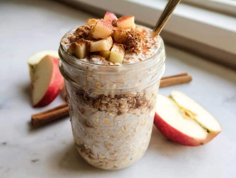 Close-up of Apple Cinnamon Overnight Oats in a mason jar, topped with diced apples and cinnamon.