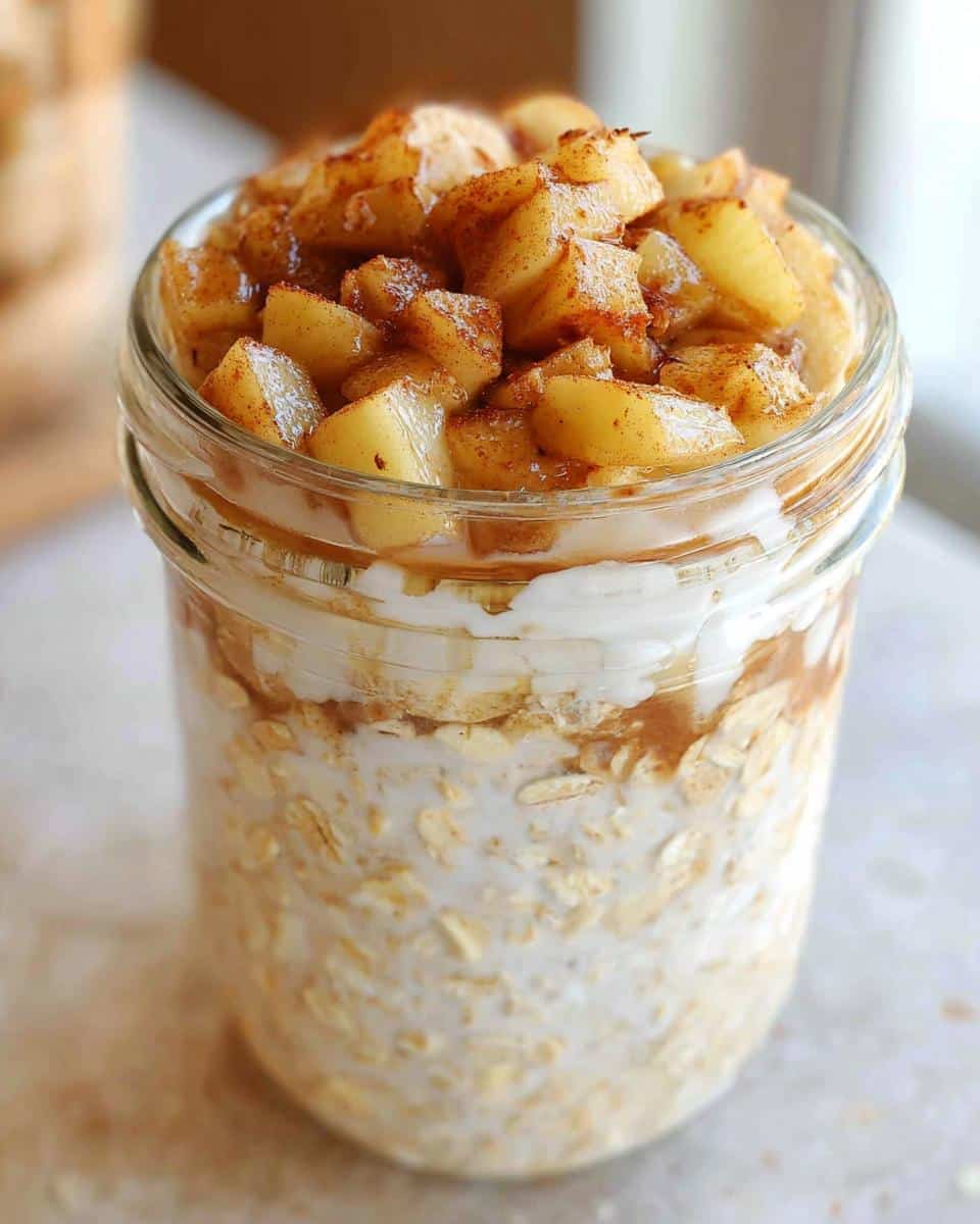 Close-up of Apple Cinnamon Overnight Oats (No Yogurt) layered in a glass jar, topped with cinnamon apples.