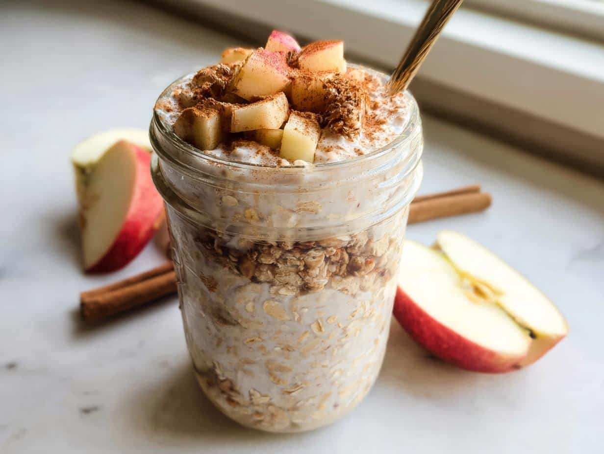 Close-up of Apple Cinnamon Overnight Oats in a mason jar, topped with diced apples and cinnamon.