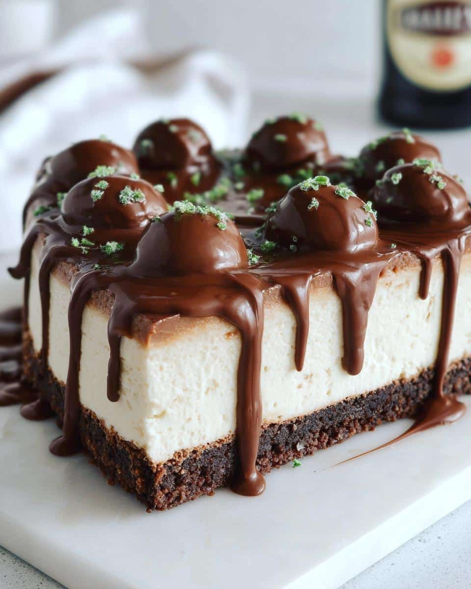 A square Baileys Cheesecake with a thick chocolate ganache drip, topped with chocolate spheres and green sprinkles.