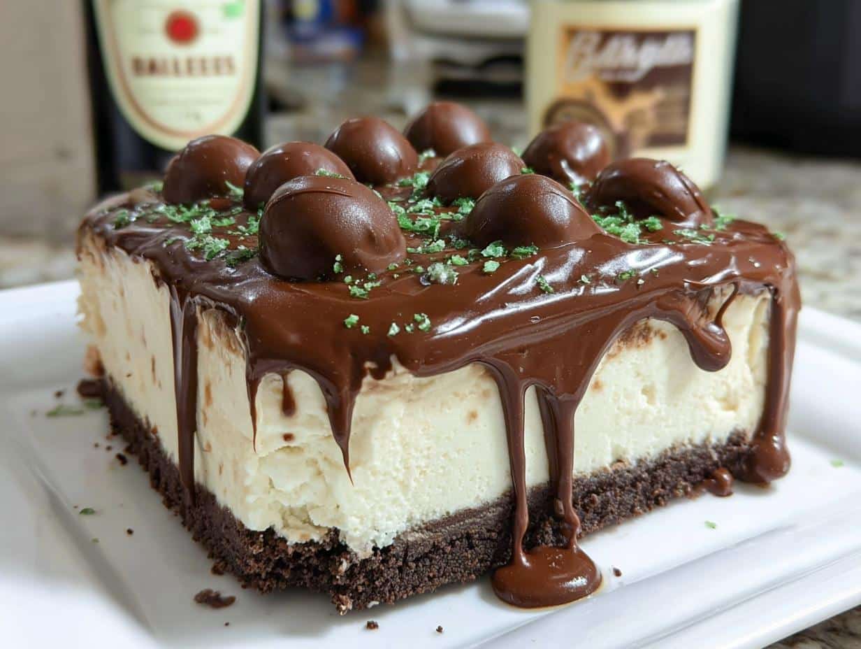 A rich slice of Baileys Cheesecake topped with chocolate ganache drip, chocolate balls, and green sprinkles.
