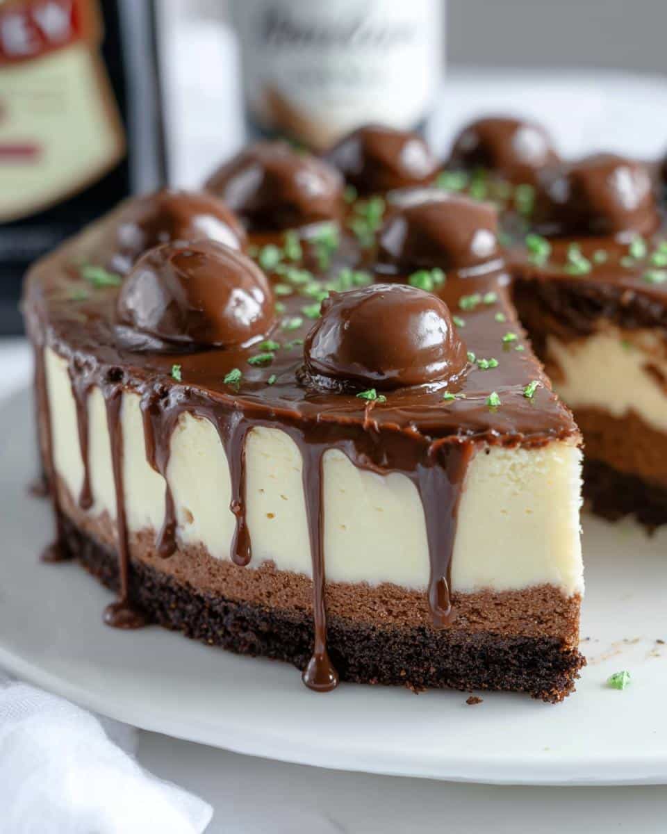 A slice of rich Baileys Cheesecake featuring a chocolate crust, creamy filling, chocolate ganache drip, and chocolate balls.