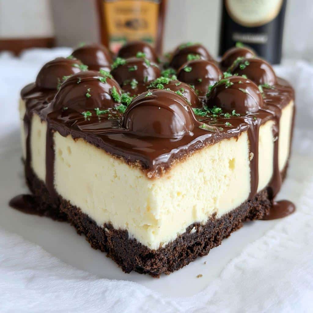 A rich slice of Baileys Cheesecake featuring a thick chocolate crust, creamy filling, chocolate ganache, and chocolate spheres.