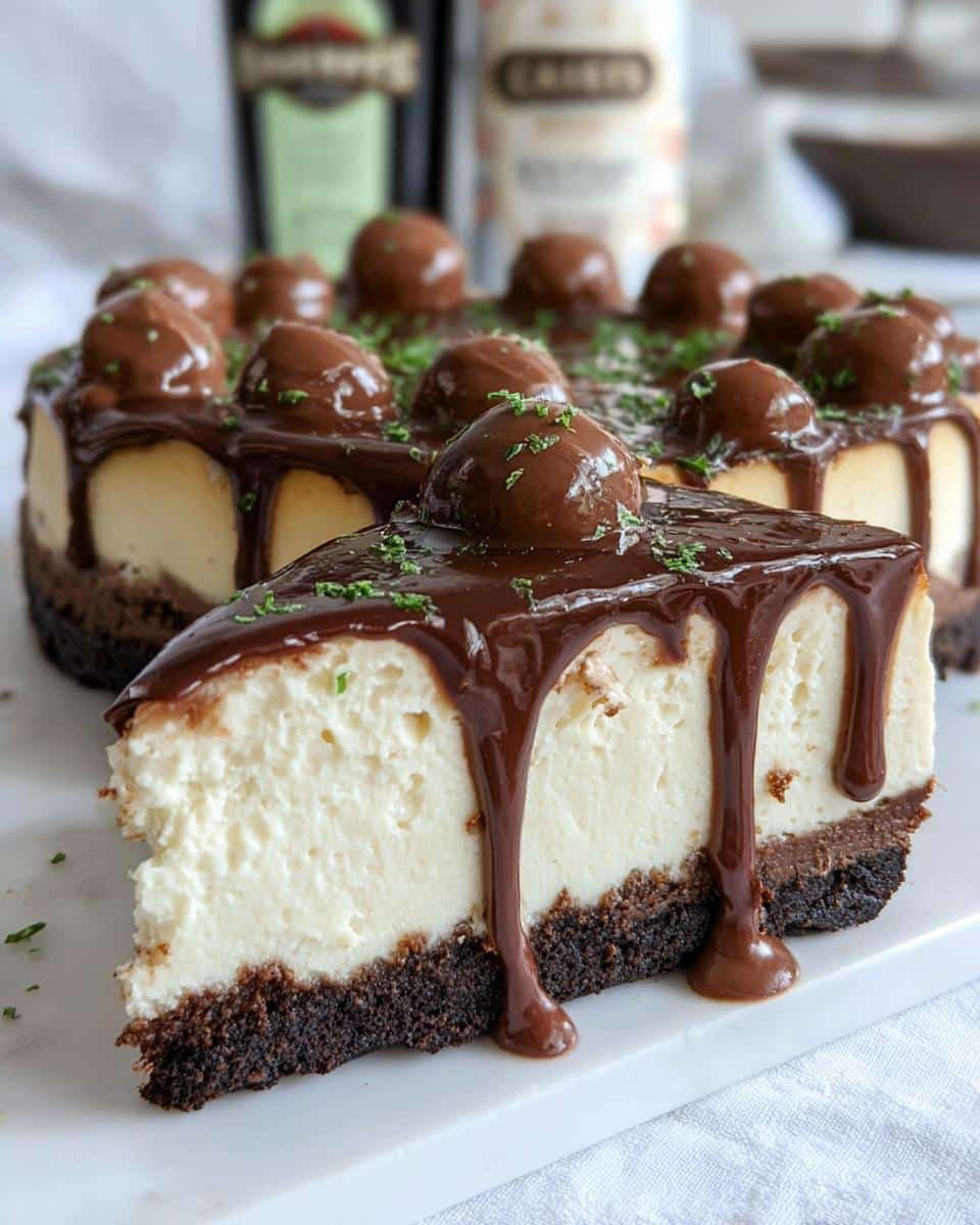 A slice of creamy Baileys Cheesecake with a thick chocolate drizzle and chocolate balls on top.
