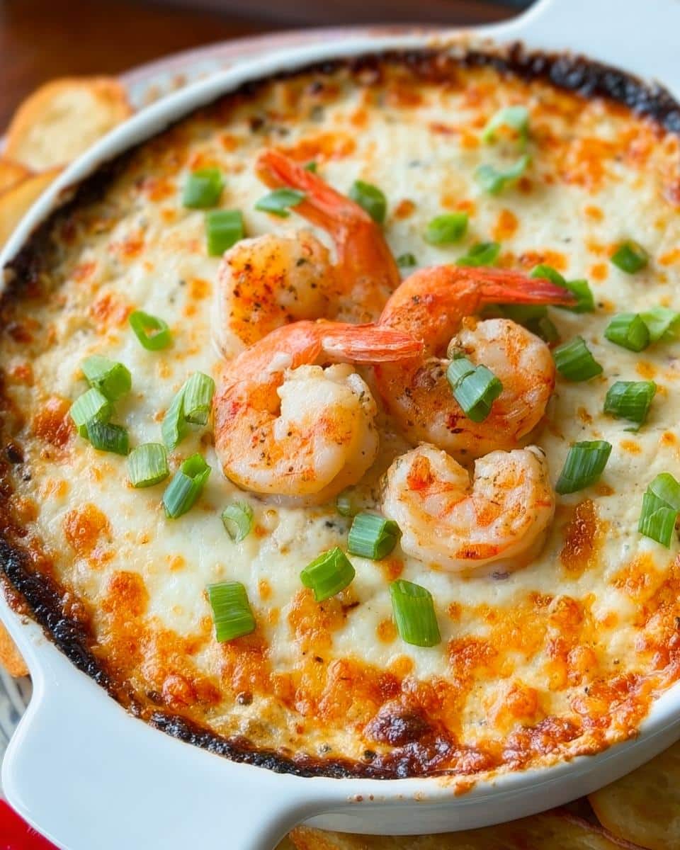 Close-up of hot, baked Cajun Shrimp Dip topped with seasoned shrimp and sliced green onions.