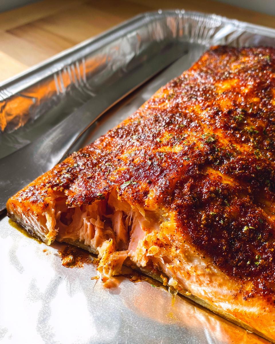 Close-up of a perfectly cooked, flaky Baked Salmon Dinner with a seasoned crust on a foil-lined pan.