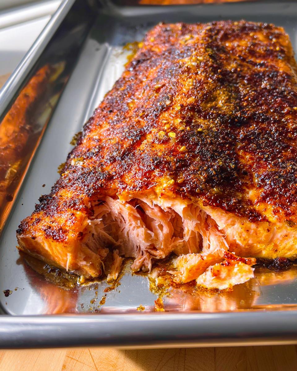 Close-up of a perfectly cooked Baked Salmon Dinner, flaking easily on a metal baking sheet.