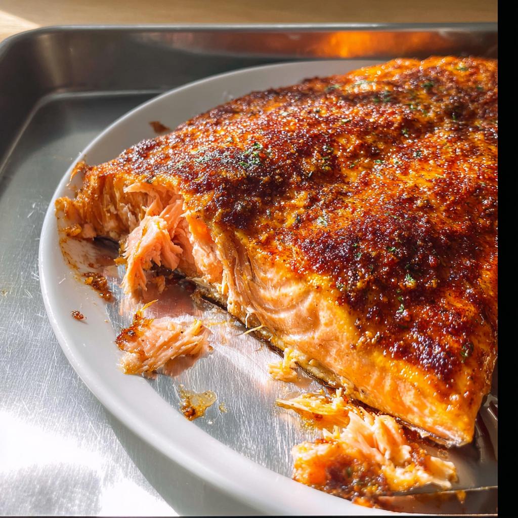 Close-up of a perfectly cooked, flaky Baked Salmon Dinner with a dark, seasoned crust.