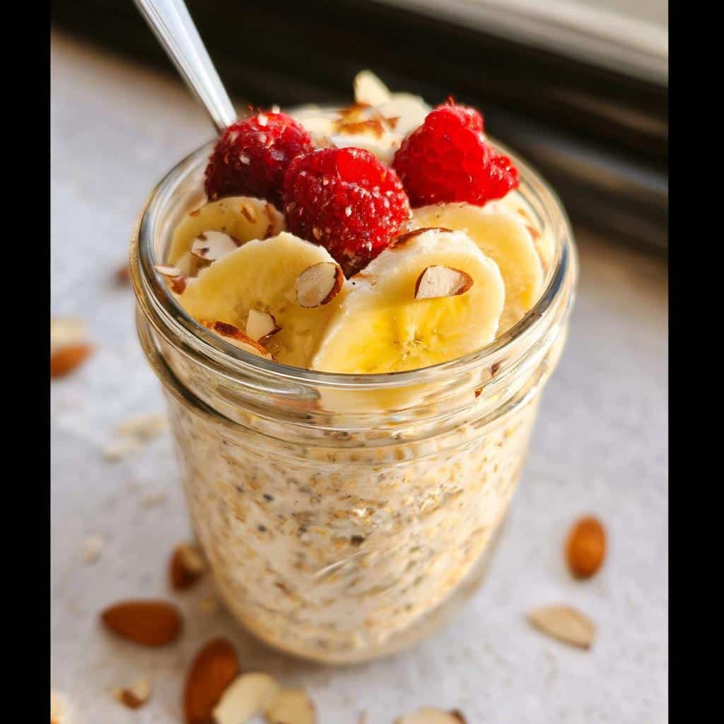 Close-up of Banana Almond Overnight Oats topped with fresh banana slices, raspberries, and slivered almonds in a glass jar.
