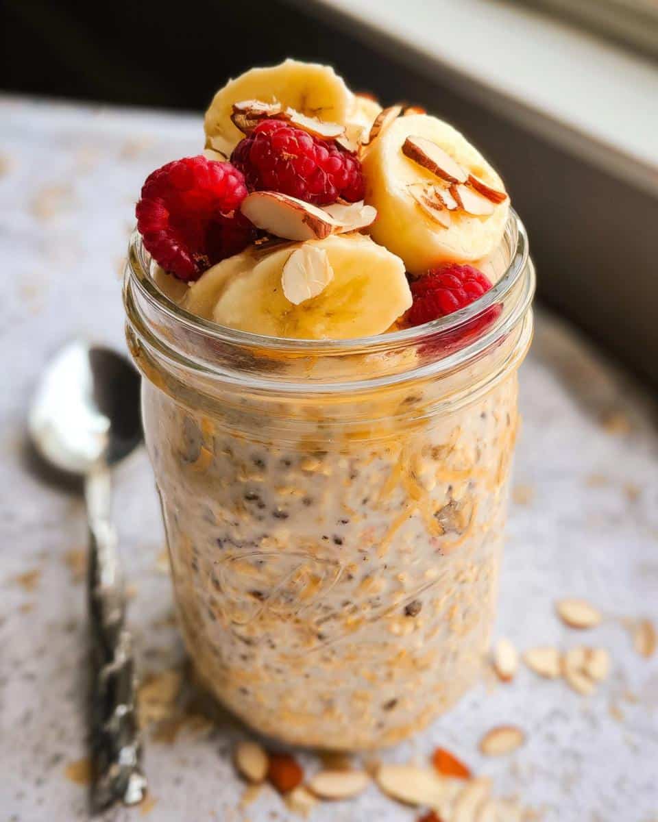 Close-up of Banana Almond Overnight Oats topped with fresh banana slices, raspberries, and slivered almonds.