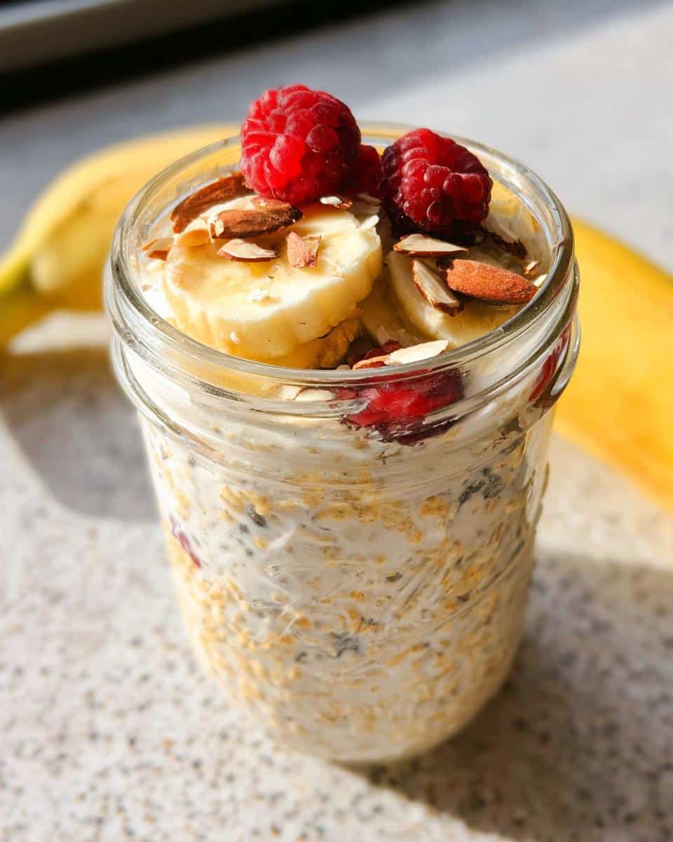 Close-up of Banana Almond Overnight Oats in a jar, topped with banana slices, raspberries, and slivered almonds.