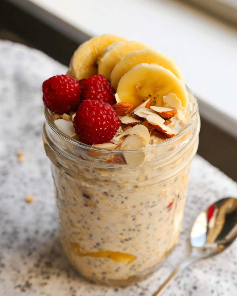 Close-up of Banana Almond Overnight Oats topped with fresh raspberries, sliced banana, and slivered almonds.