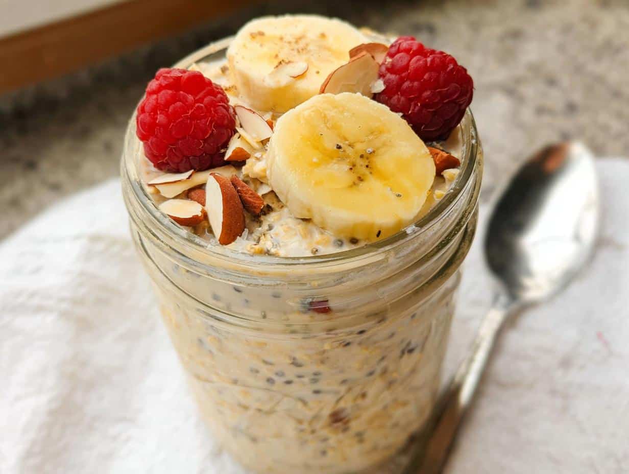 Close-up of Banana Almond Overnight Oats topped with fresh banana slices, raspberries, and slivered almonds.