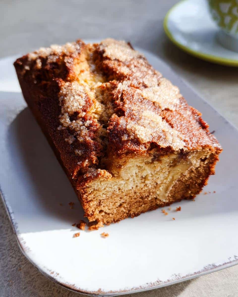 A loaf of moist Banana Bread Air Fryer, featuring a crunchy, sugary top, served on a white plate.