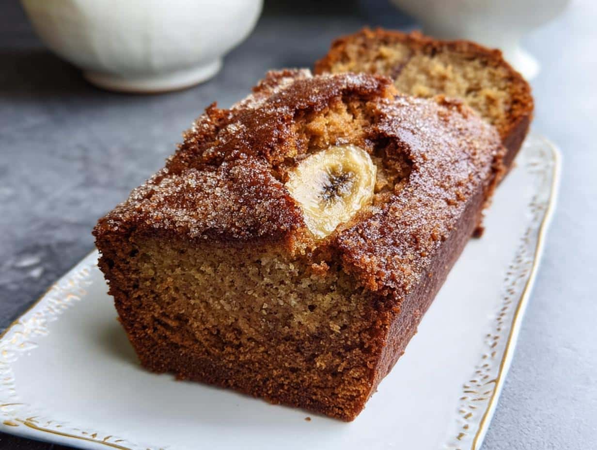 A close-up of a moist Banana Bread Air Fryer loaf, topped with coarse sugar and a banana slice.