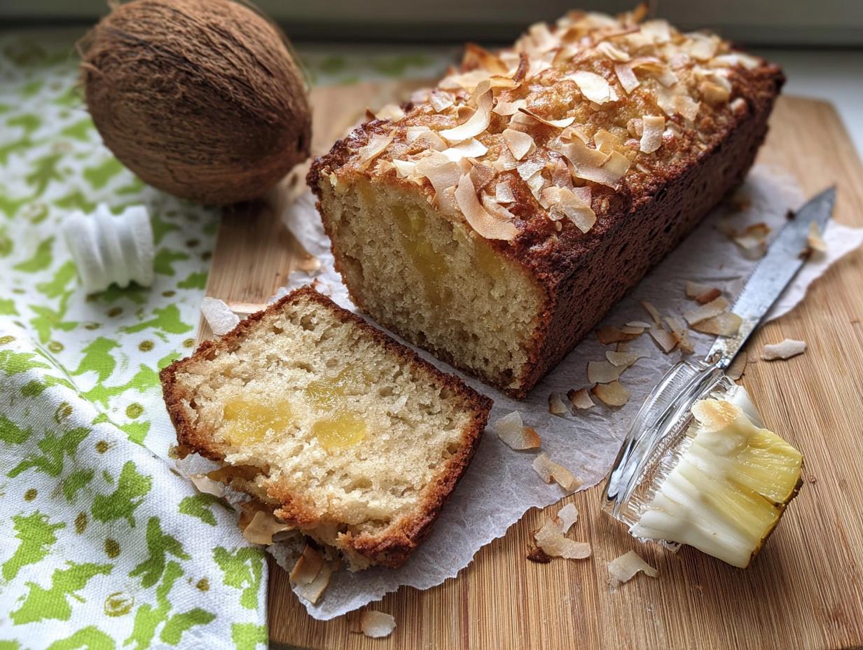 A sliced loaf of Banana Bread Ananas topped with toasted coconut flakes, resting on a wooden board.