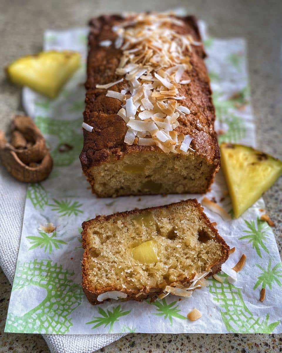 A slice cut from a Banana Bread Ananas loaf, topped with toasted coconut flakes and garnished with fresh pineapple wedges.
