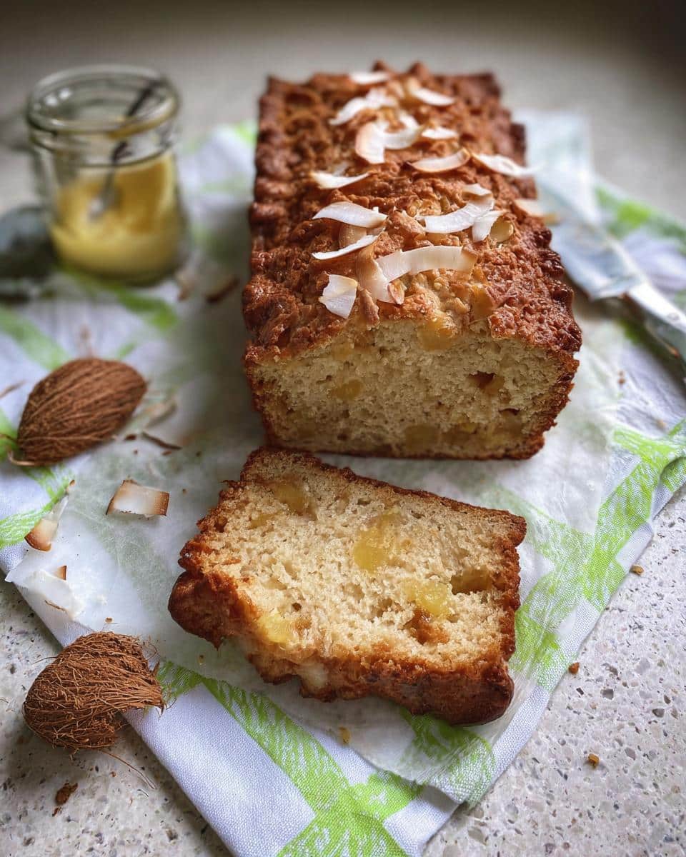 A sliced loaf of moist Banana Bread Ananas topped with toasted coconut flakes, served on a green and white cloth.