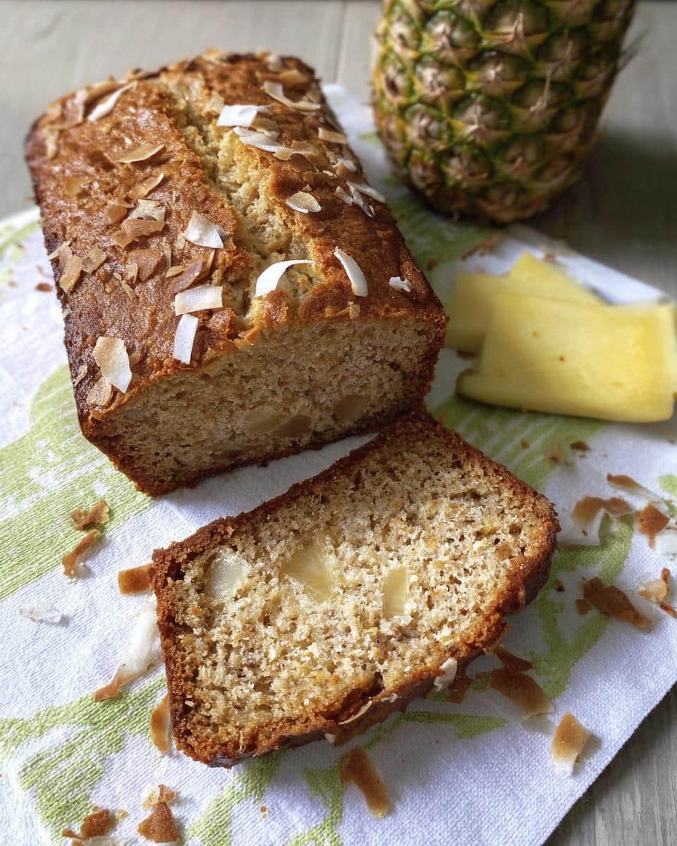 A slice cut from a loaf of Banana Bread Ananas topped with toasted coconut flakes, next to fresh pineapple chunks.