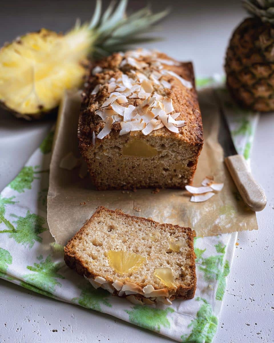 A slice of moist Banana Bread Ananas loaf topped with toasted coconut flakes, with the main loaf and fresh pineapple in the background.