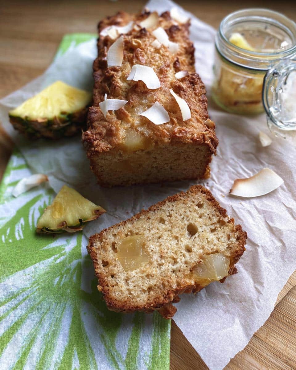 A slice of moist Banana Bread Ananas loaf topped with coconut flakes, showing chunks of pineapple inside.
