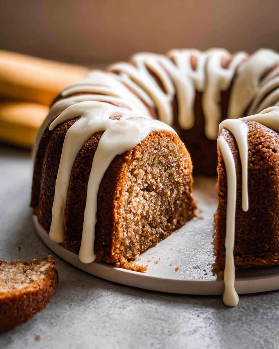 A slice cut from a rich Banana Bread Bundt Cake topped with thick white glaze dripping down the sides.