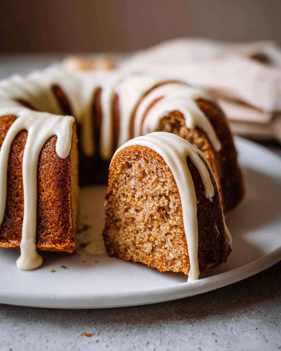 A slice cut from a rich Banana Bread Bundt Cake topped with thick white glaze, served on a white plate.