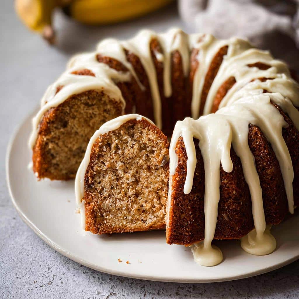 A slice cut from a rich Banana Bread Bundt Cake topped with thick, dripping white glaze.