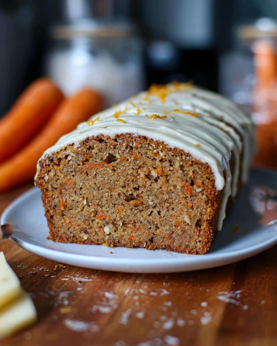 A close-up of a freshly baked Banana Bread Carotte loaf, drizzled with white frosting and orange zest.