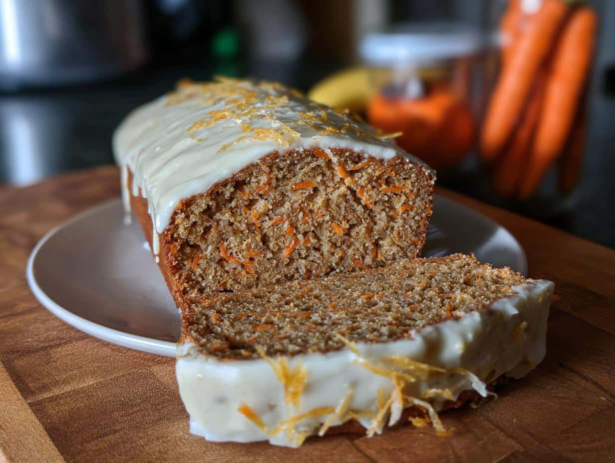 A slice cut from a loaf of Banana Bread Carotte topped with white icing and orange zest.
