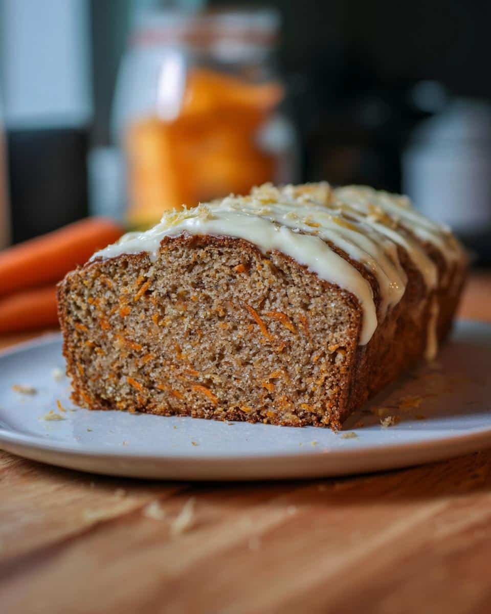 A slice of moist Banana Bread Carotte loaf topped with white cream cheese icing and zest.