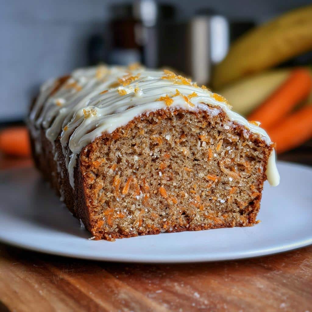 A slice of moist Banana Bread Carotte loaf topped with white cream cheese frosting and orange zest.