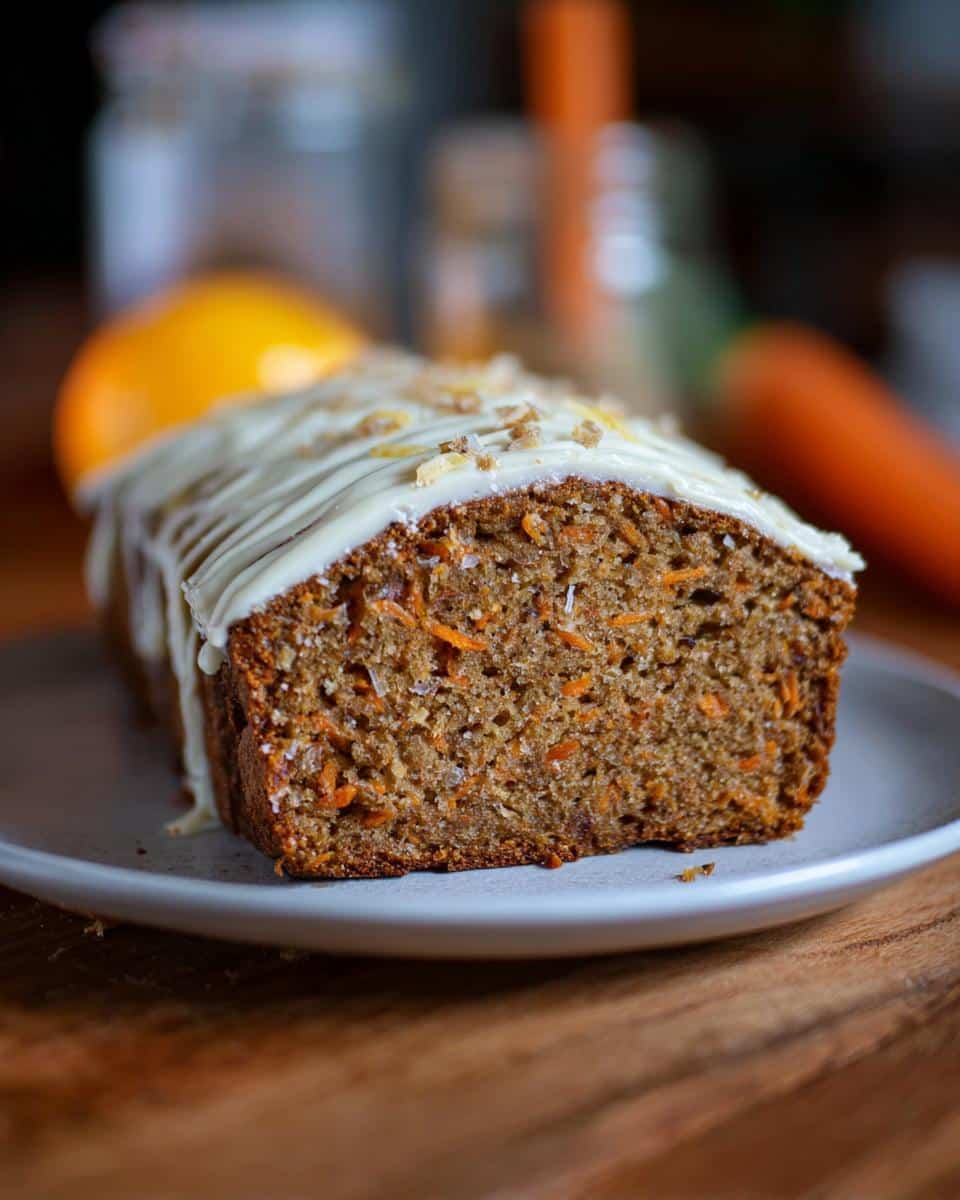 Close-up of a slice of Banana Bread Carotte loaf cake with white glaze and visible shredded carrots.