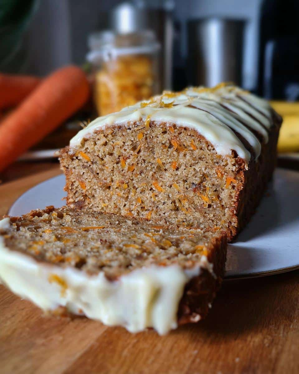 A close-up of a sliced Banana Bread Carotte loaf topped with white frosting and orange zest.