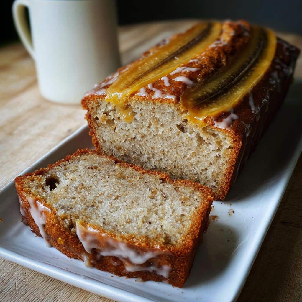 A loaf of moist Banana Bread Citron, sliced, drizzled with white glaze and topped with caramelized banana halves.