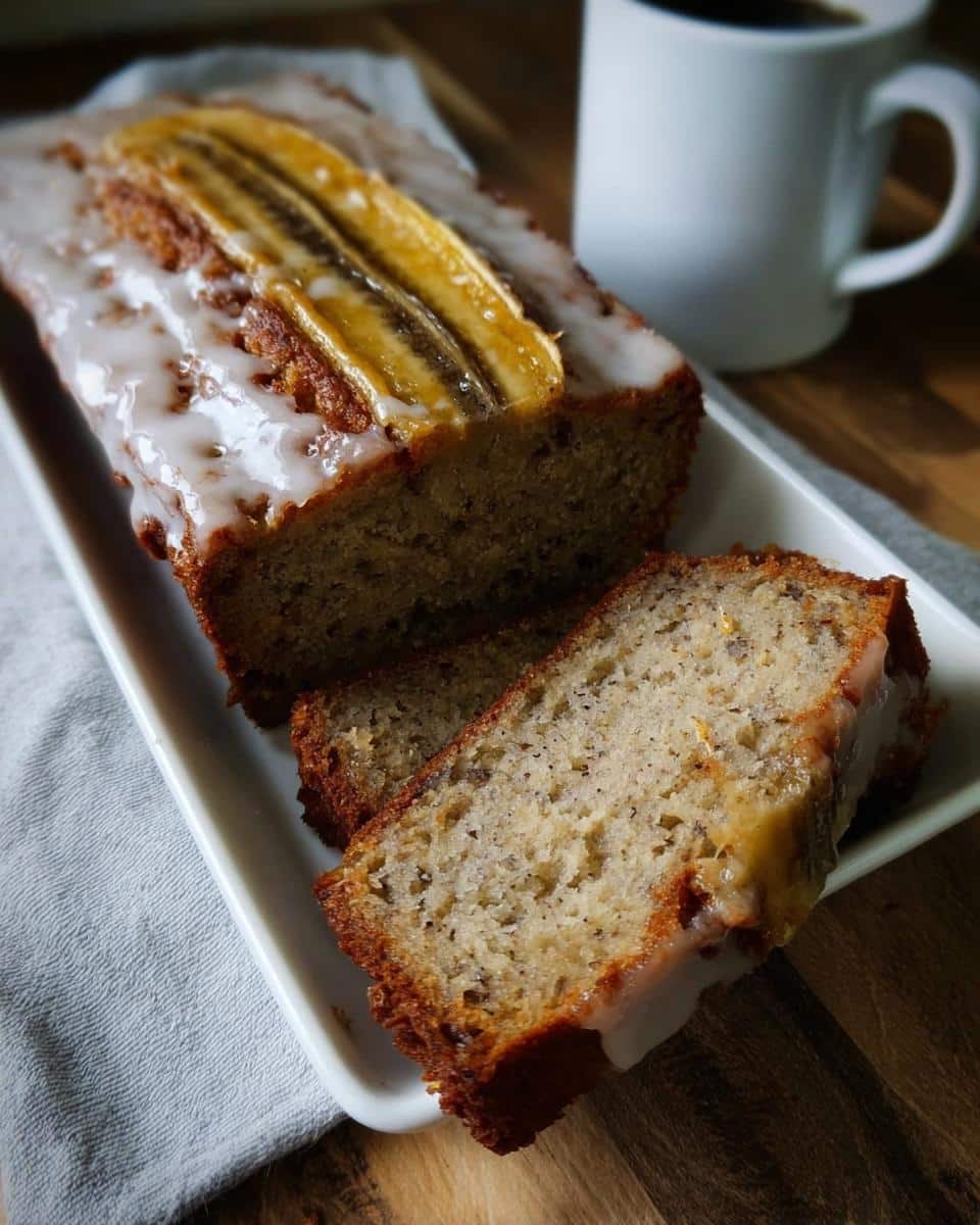 A glazed Banana Bread Citron loaf, partially sliced, topped with caramelized banana halves, next to a white mug.
