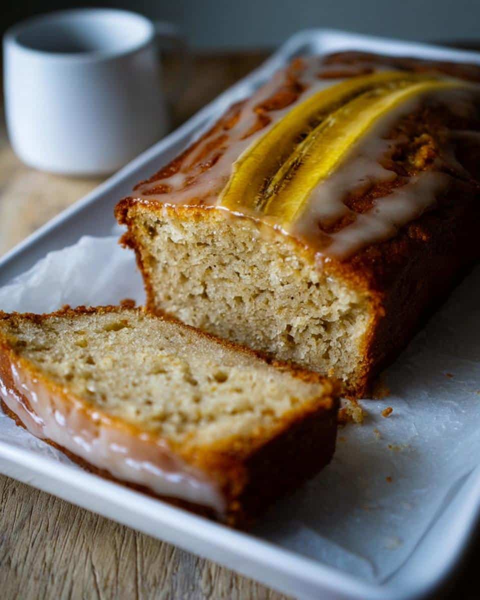 A loaf of moist Banana Bread Citron, glazed and topped with banana slices, with one slice cut and resting beside it.