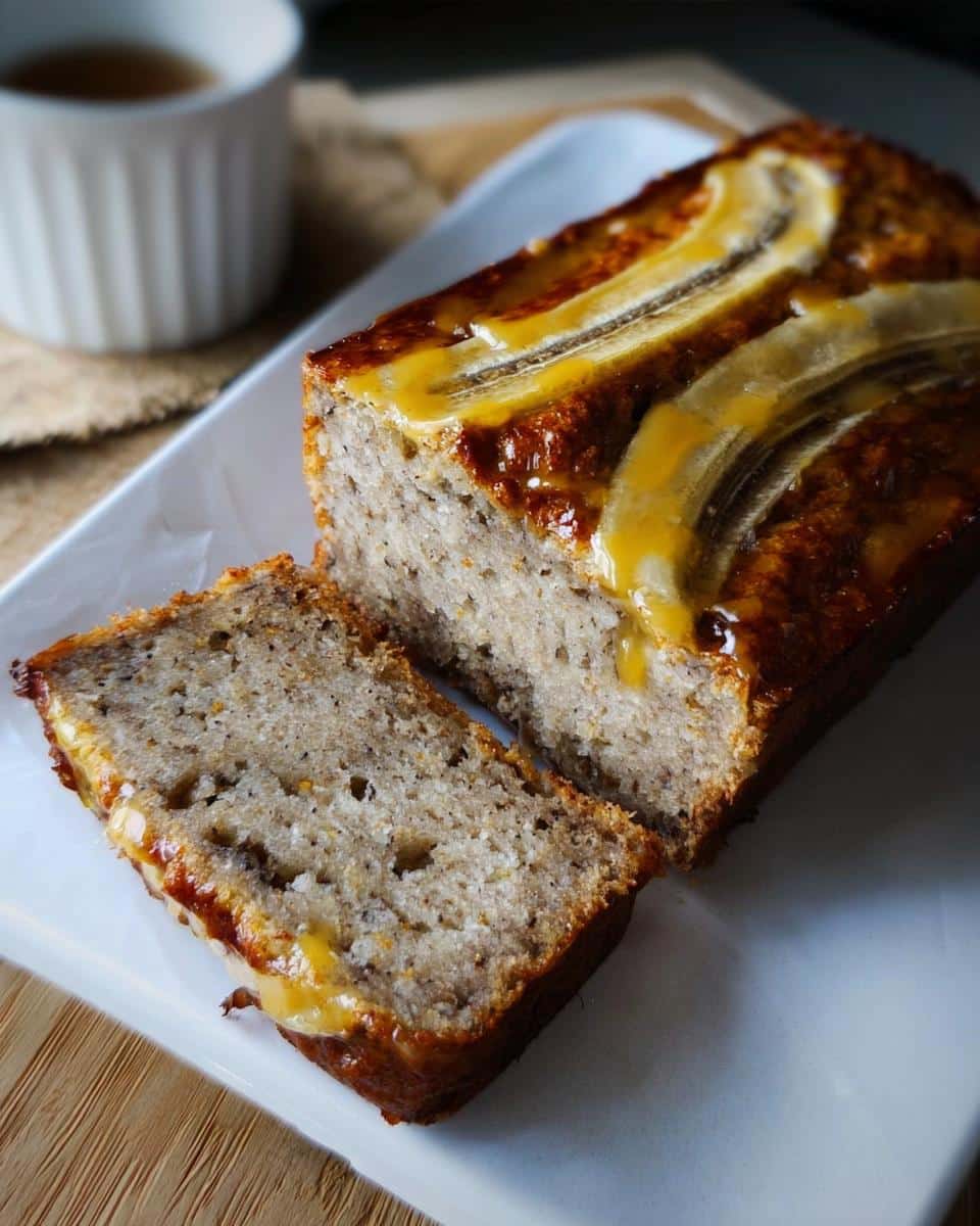A loaf of moist Banana Bread Citron, sliced, topped with a banana slice and a citrus glaze.