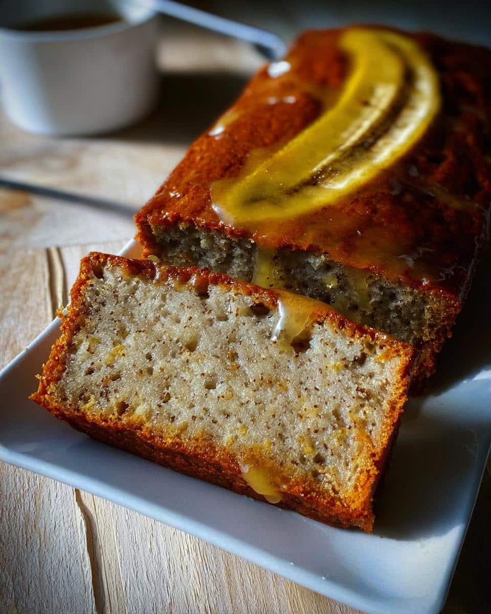 A slice cut from a loaf of moist Banana Bread Citron, drizzled with a citrus glaze and topped with a banana slice.