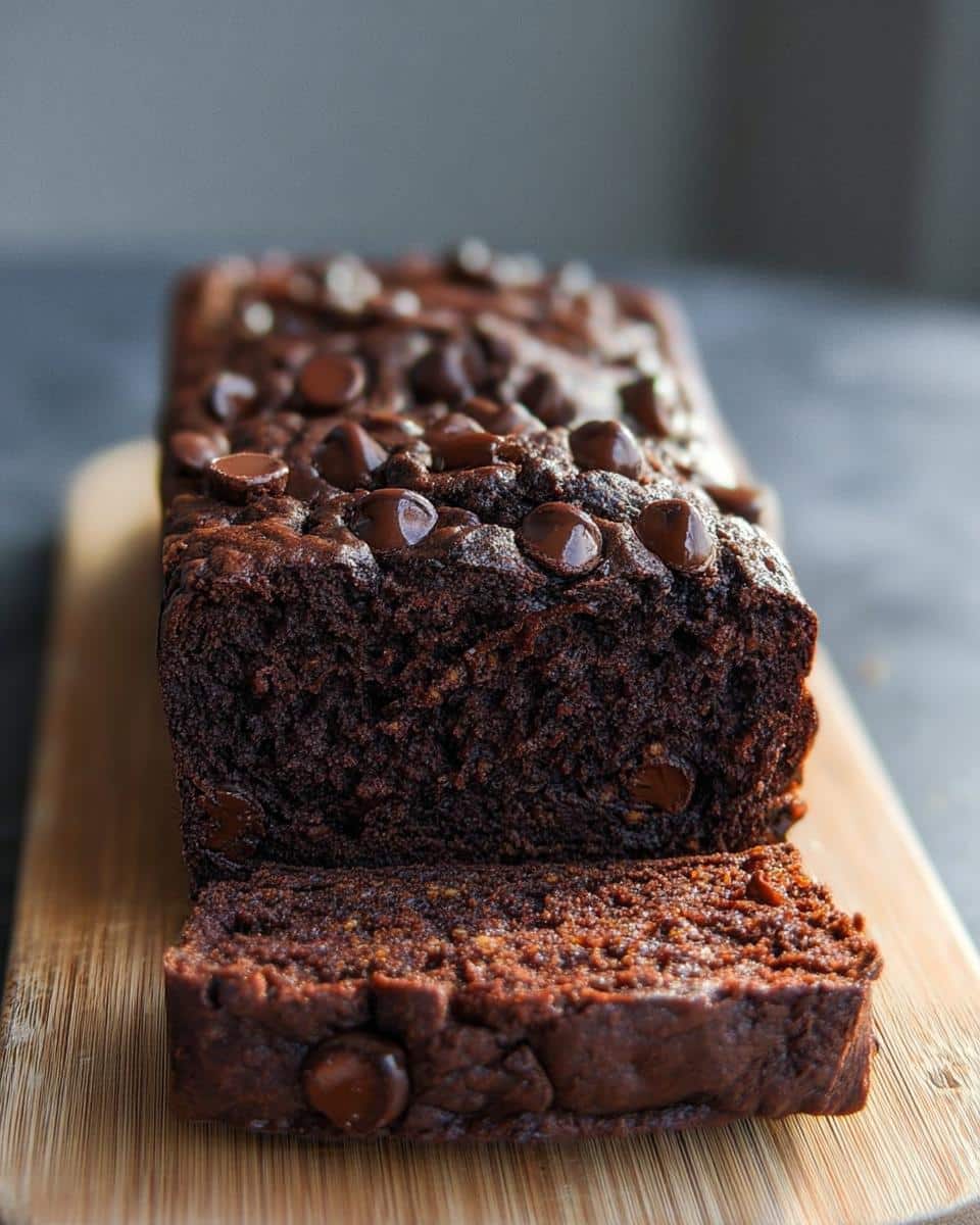 A close-up of a rich, dark chocolate Banana Bread Double Chocolate loaf with a slice cut, topped generously with melted chocolate chips.
