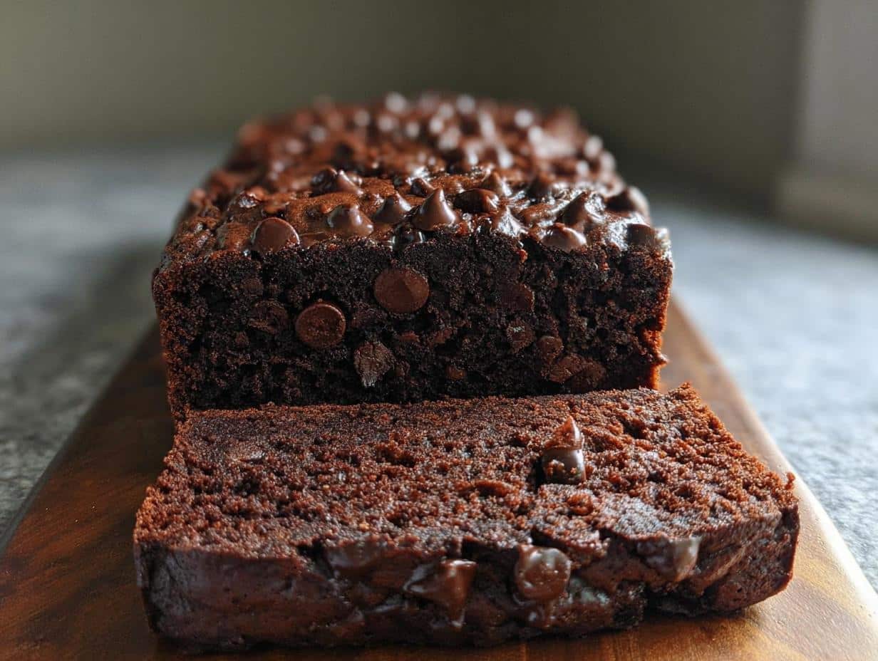 A moist, dark chocolate Banana Bread Double Chocolate loaf, partially sliced on a wooden board.