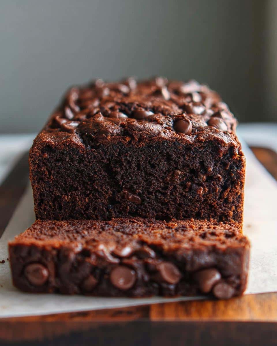 A close-up of a rich, dark Banana Bread Double Chocolate loaf with a slice cut off, topped with melted chocolate chips.
