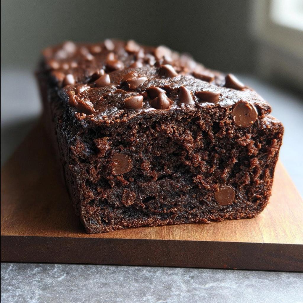 Close-up of a rich, dark Banana Bread Double Chocolate loaf topped with melted chocolate chips.