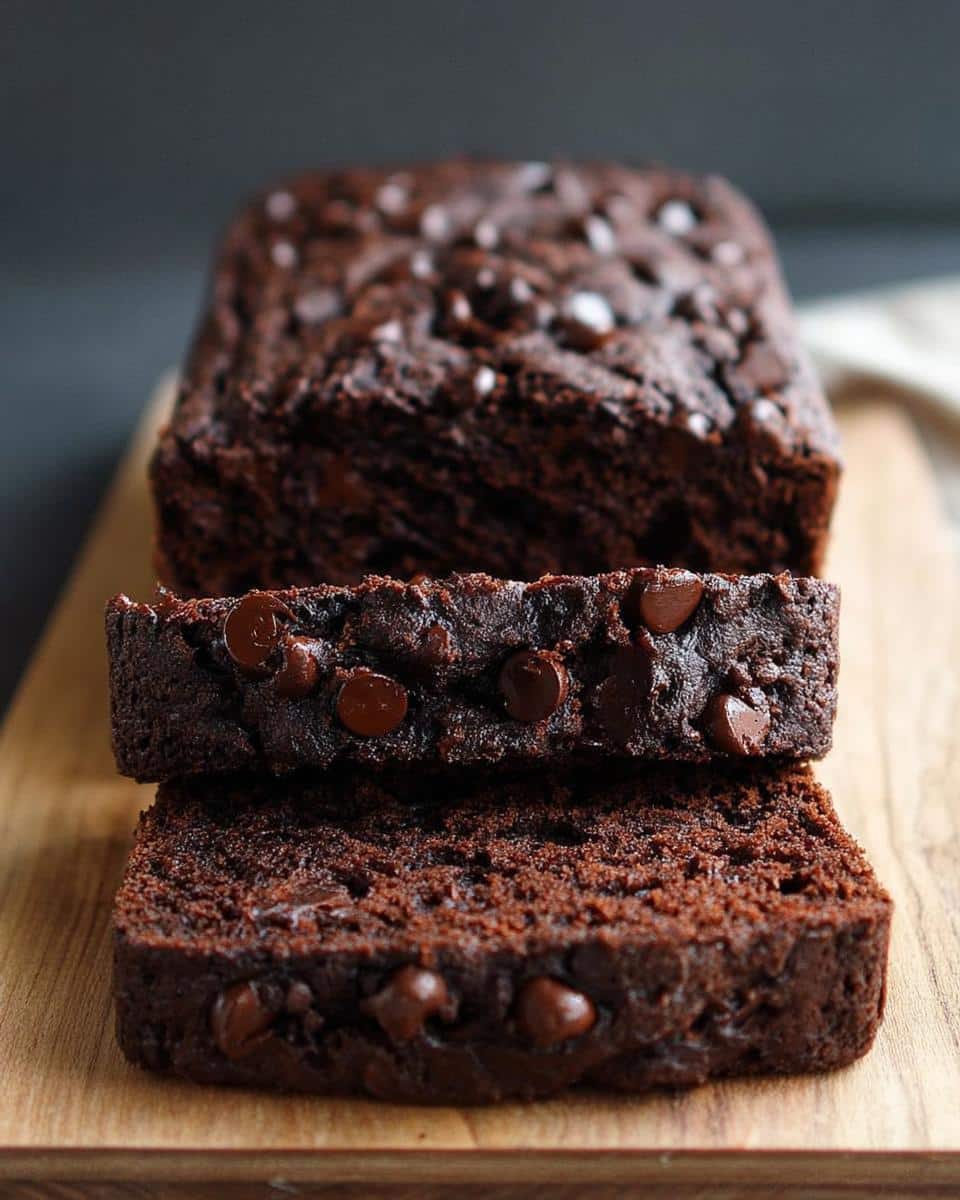 Two thick slices of moist, dark chocolate Banana Bread Double Chocolate stacked on a wooden board with the rest of the loaf behind.