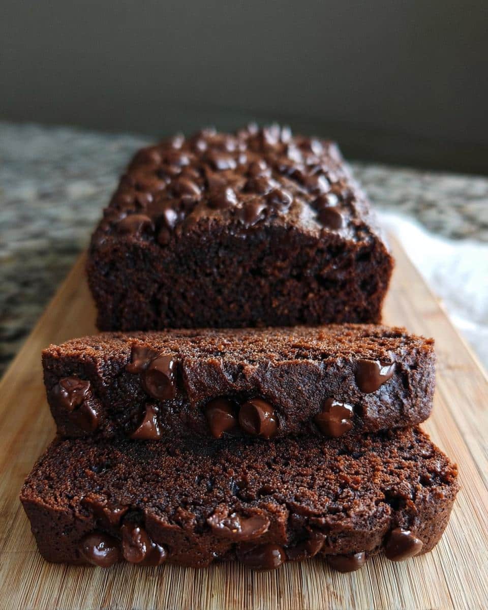 Two thick slices of moist Banana Bread Double Chocolate resting against the main loaf on a wooden cutting board.