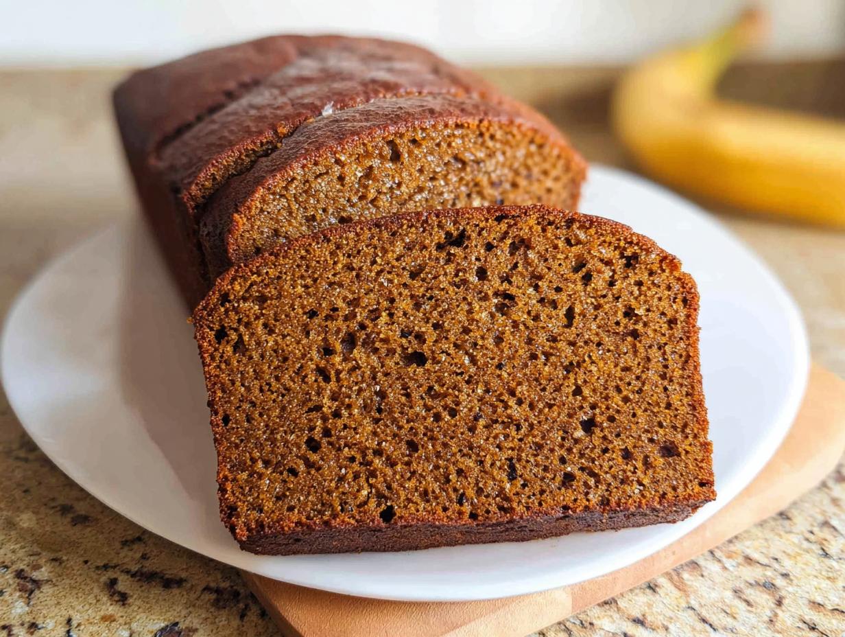 Close-up of a moist slice of dark brown Banana Bread Espresso loaf on a white plate, with the rest of the loaf behind it and a banana blurred in the background.