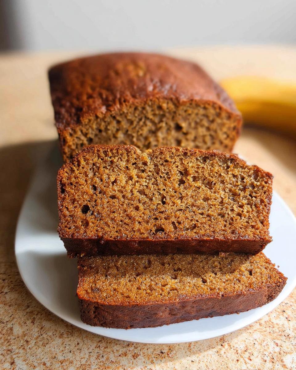 Two thick slices of moist Banana Bread Espresso loaf resting on a white plate in front of the main loaf.